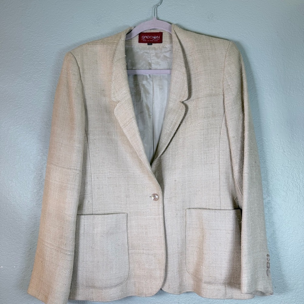 Sassoon Silk Vintage 80s Woven Natural Fiber Silk Cream Preppy Classic Blazer 8